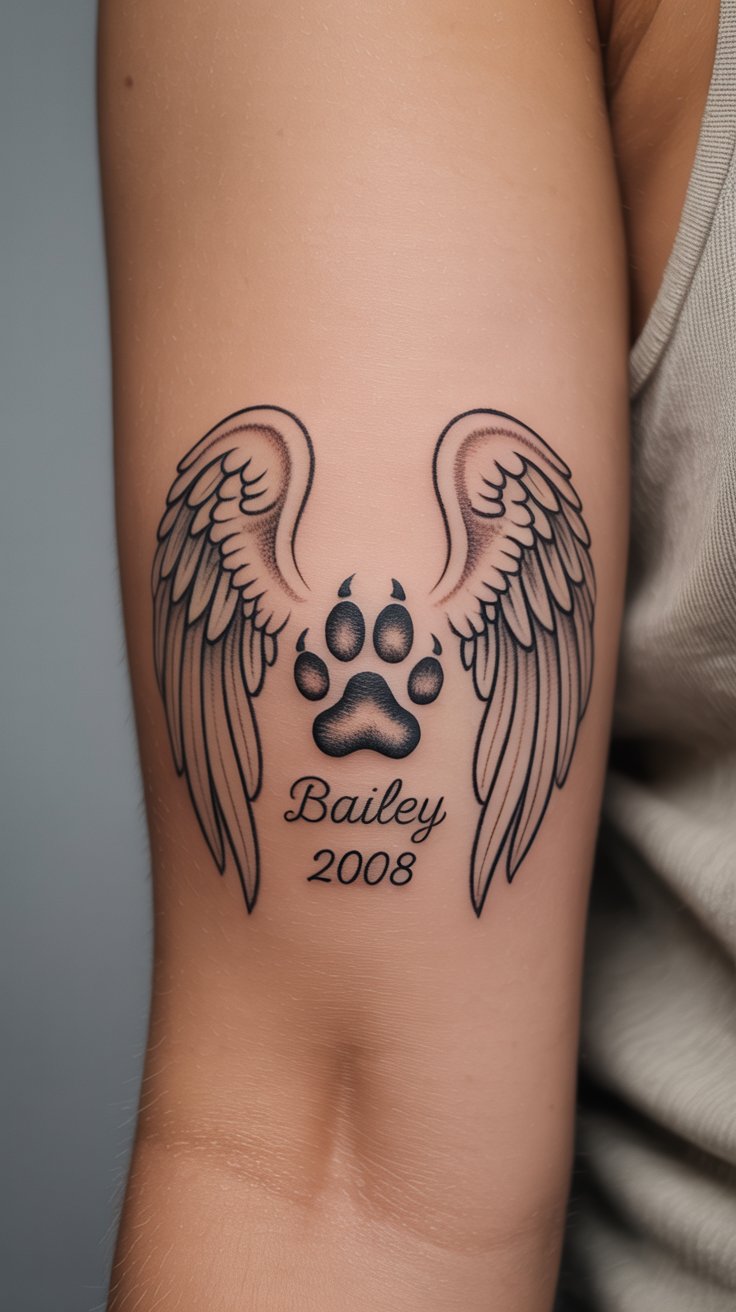 Dog memorial tattoo idea with wings and paw print