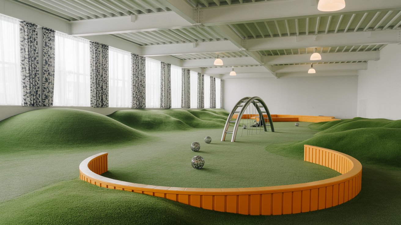Indoor dog play area with hills and structures