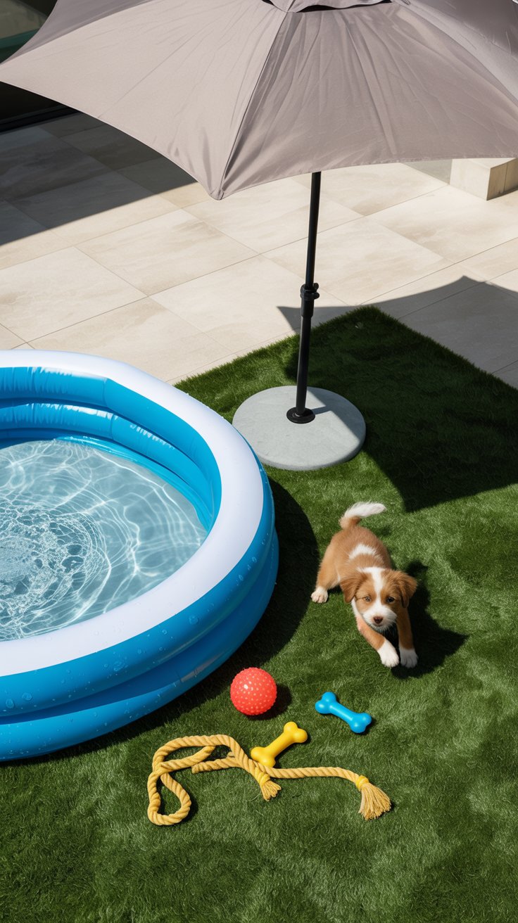 Backyard play area with a pool and toys