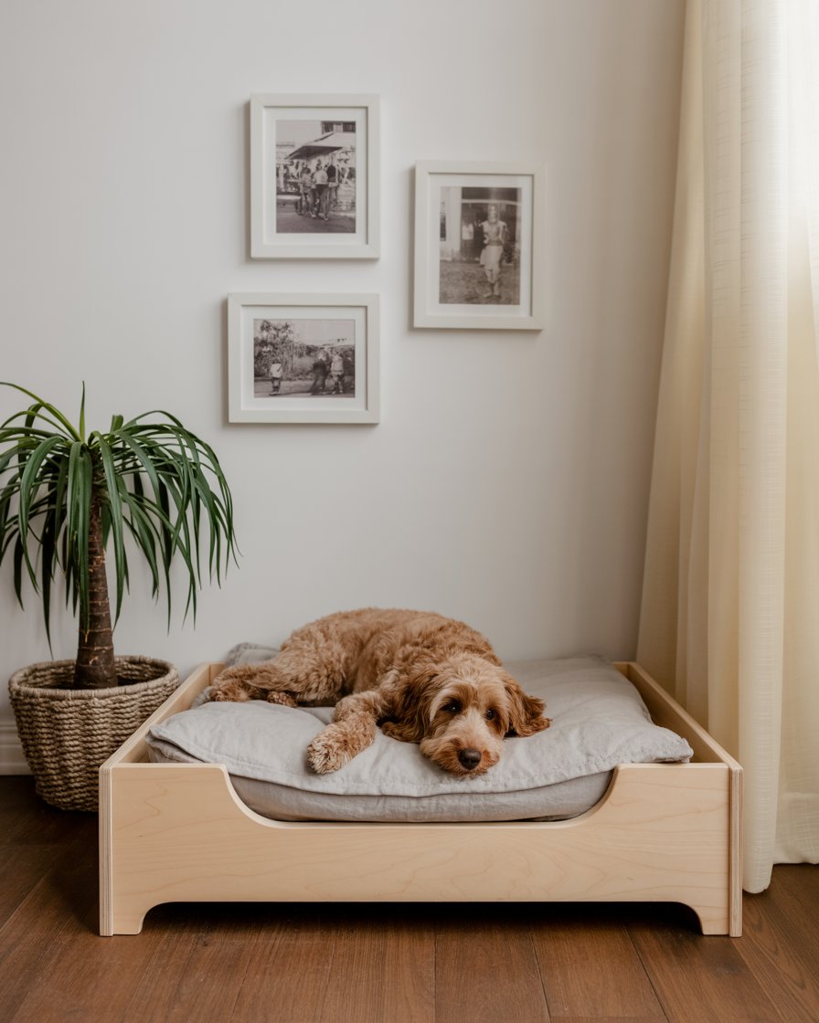 Cozy dog room with raised bed