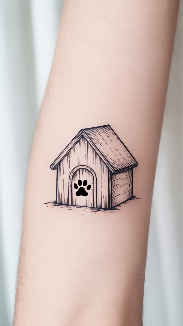 Minimalist dog house with paw print tattoo